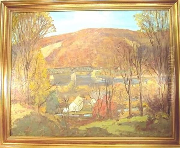 The Trestle Bridge In Autumn Oil Painting by C. Harry Allis