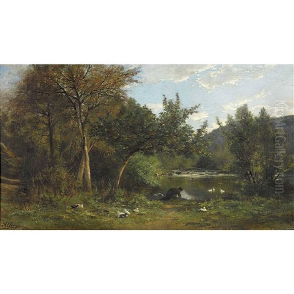 Wascherin Und Enten Am Sommerlichen Ufer Oil Painting by Auguste Allonge