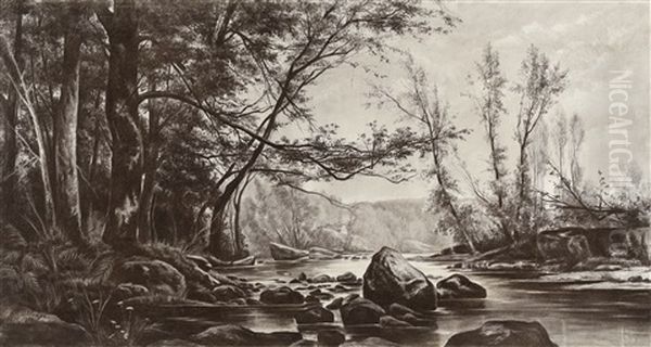 Paysage A La Riviere Oil Painting by Auguste Allonge