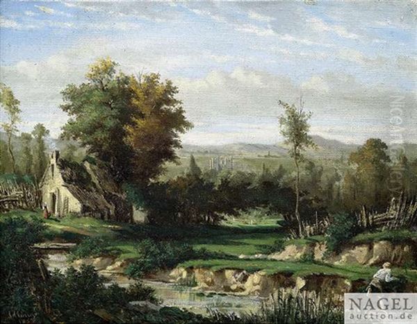 River Landscape With A Farmhouse Oil Painting by Auguste Allonge