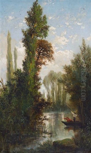 Idyllische Flusslandschaft Mit Fischern Oil Painting by Auguste Allonge