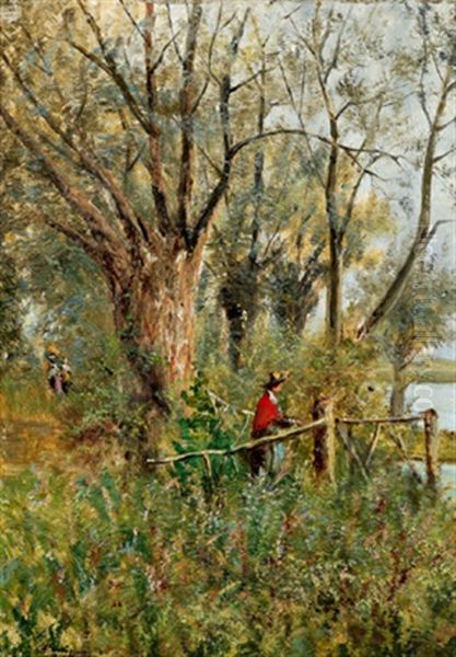 Spazierganger In Fluslandschaft Oil Painting by Auguste Allonge