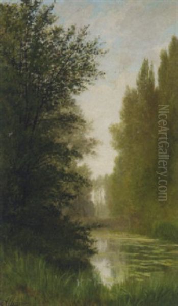 A Tranquil Lake In A Woodland Clearing Oil Painting by Auguste Allonge