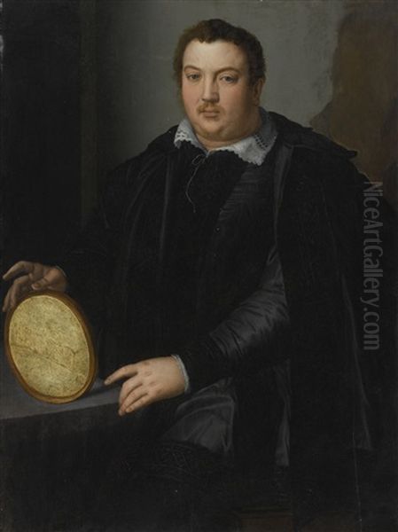 Portrait Of A Gentleman, Three-quarter Length, Dressed In A Black Silk Doublet And Cloak With A Blackwork Collar And Seated At A Desk, Holding An Oval Frame Oil Painting by Alessandro di Cristofano Allori