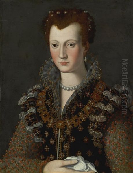 Portrait Of Virginia De' Medici (1568-1615), Half Length, In An Elaborately Embroidered Gown, Gold Trimmed Partlet And Jeweled Collare Oil Painting by Alessandro di Cristofano Allori