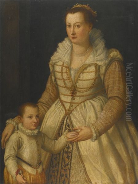 Portrait Of A Lady And Her Son Oil Painting by Alessandro di Cristofano Allori