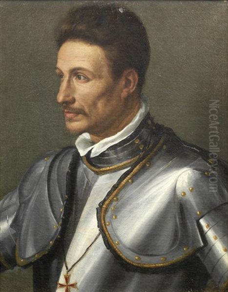 Portrait Of A Gentleman, Half-length, In Armour, Wearing The Order Of Saint Stephen Oil Painting by Alessandro di Cristofano Allori