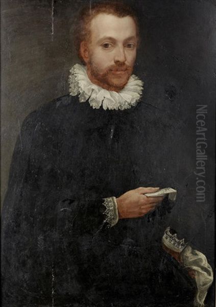 Portrait Of A Gentleman, Three-quarter-length, In A Black Coat Holding A Letter Oil Painting by Alessandro di Cristofano Allori