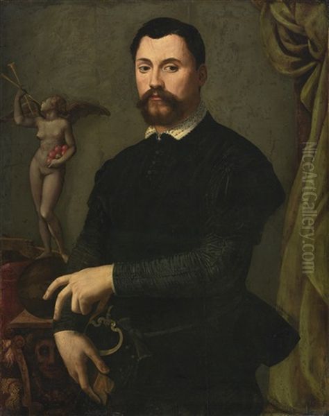 Portrait Of Tommaso De'bardi, Half Length, In A Black Doublet And Hose With A Statue Of Fame Oil Painting by Alessandro di Cristofano Allori