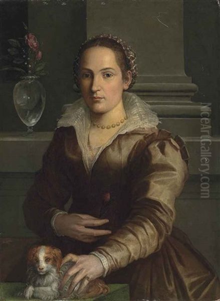 Portrait Of A Lady, Half-length, In A Rust Dress And An Elaborate Headdress, A Rose In Her Right Hand, With A Dog, Beside A Vase With Roses... Oil Painting by Alessandro di Cristofano Allori