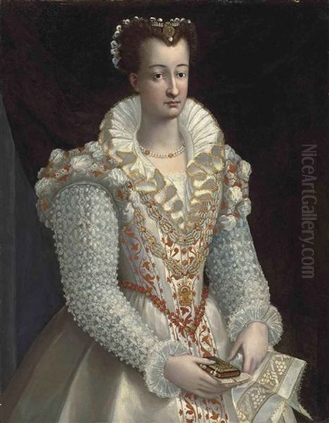 Portrait Of A Lady, In An Embroidered White Dress, A Jewelled Pendant With The Annunciation, Holding A Book In Her Right Hand And An Embroidered Handkerchief In Her Left Hand, Before A Draped Curtain Oil Painting by Alessandro di Cristofano Allori