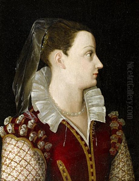 Portrait Of A Lady In A Crimson Dress With A White Lace Collar Oil Painting by Alessandro di Cristofano Allori