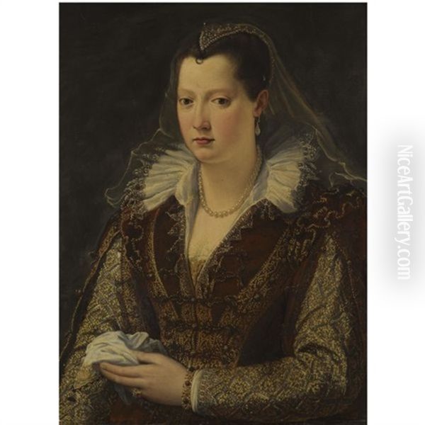 Portrait Of A Lady Wearing A Richly Embroidered Red Dress And A Pearl Headdress (eleonora De Medici?) Oil Painting by Alessandro di Cristofano Allori