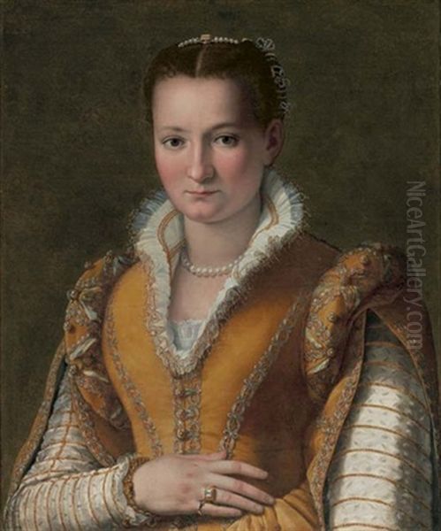 Portrait Of A Lady (bianca Capello De'medici?) In An Embroidered Gold Dress And Pearls by Alessandro di Cristofano Allori