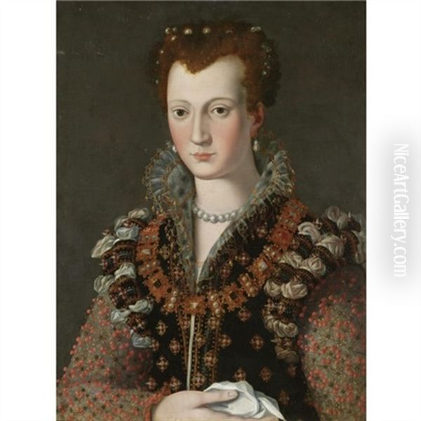 Portrait Of Camilla Martelli (1545-1590), Half Length, Wearing An Elaborately Embroidered Costume With Gold-trimmed Lace Collar, A Jewelled Gold Chain And A Pearl Necklace Oil Painting by Alessandro di Cristofano Allori