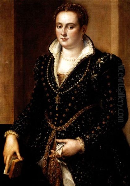 Ritratto Di Nobildonna In Abito Nero Con Decori In Oro, Collana Di Perle Con Pendente E Cintura Con Pietre Preziose Oil Painting by Alessandro di Cristofano Allori