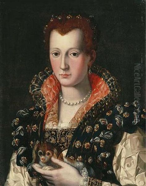 Portrait Of Eleonora Dei Medici Holding A Dog Oil Painting by Alessandro di Cristofano Allori