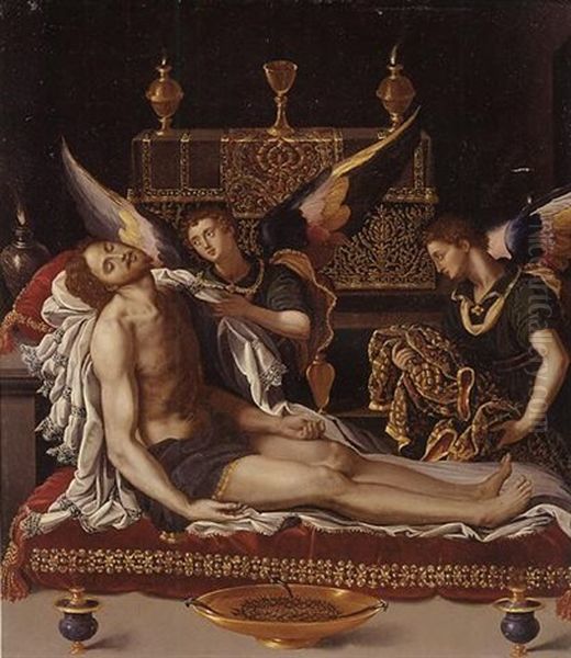 Dead Christ Attended By Two Angels Oil Painting by Alessandro di Cristofano Allori