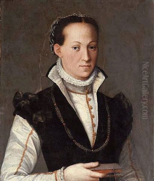 Portrait Of A Lady In A High Necked Gown With A Ruff And Gold Brocade Trim, A Book In Her Right Hand Oil Painting by Alessandro di Cristofano Allori