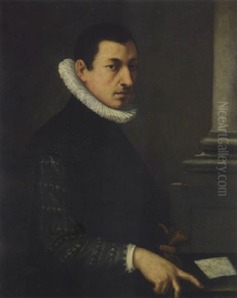 Portrait Of A Gentleman, Wearing A Black Embroidered Jacket And A White Ruff Holding A Pair Of Gloves Oil Painting by Alessandro di Cristofano Allori