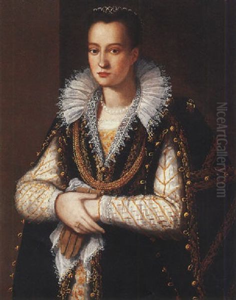 Portrait Of A Noblewoman In A Gold-embroidered White Dress And Embroidered Black Robe Oil Painting by Alessandro di Cristofano Allori