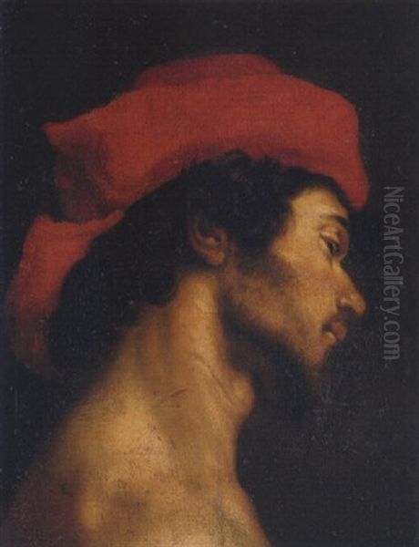 The Head Of A Young Man Wearing A Red Hat Oil Painting by Cristofano Allori