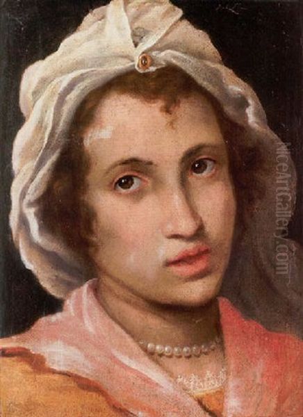 Portrait Of A Lady Wearing A Pink And Orange Dress, A Pearl Necklace And A White Cap Oil Painting by Cristofano Allori