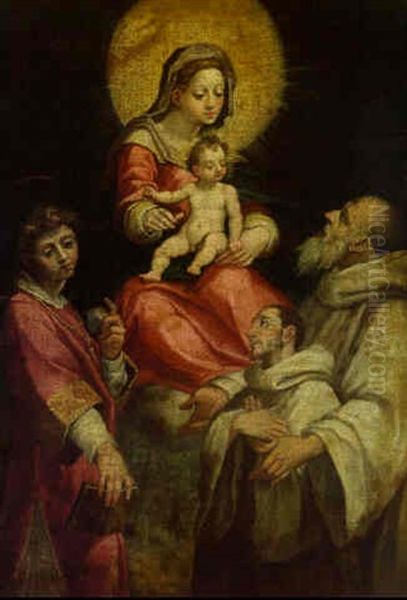 The Madonna And Child With Saint Stephen And Saint Benedict Presenting A Donor Oil Painting by Cristofano Allori