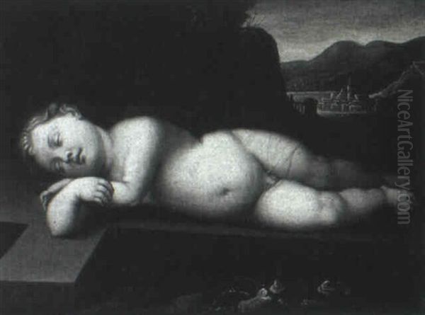 The Infant Christ Asleep On The Cross, Jerusalem Beyond Oil Painting by Cristofano Allori