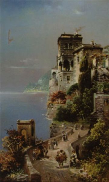 Promeneurs Pres D'une Villa Italienne En Bord De Mer Oil Painting by Robert Allot