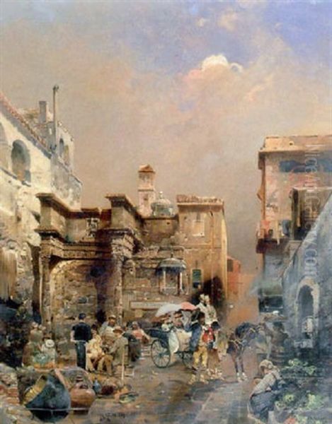 Figures In A Roman Street Oil Painting by Robert Allot