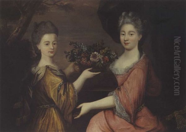 Deux Jeunes Filles Tenant Une Corbeille De Fleurs Oil Painting by Gilles Allou