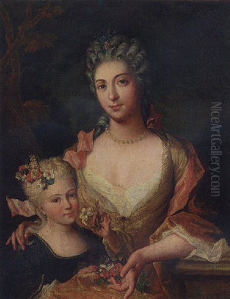 Portrait Of A Lady In A Yellow Dress With Flowers In Her Lap, With Her Daughter Oil Painting by Gilles Allou