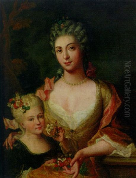 Portrait Of A Lady In A Yellow Dress With Flowers In Her Lap With Her Daughter Oil Painting by Gilles Allou