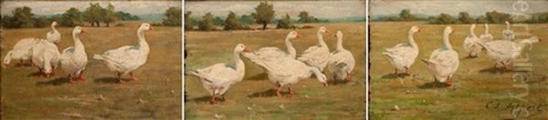 Triptych Of Geese In A Field Oil Painting by Curzona Louise Allport