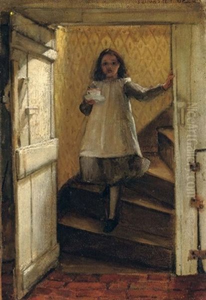 Girl On The Stairs Oil Painting by Laura Theresa Alma-Tadema