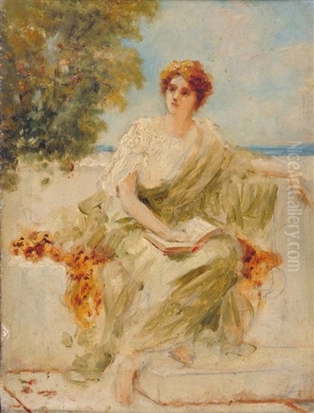 Study Of A Girl Dressed In Greek/roman Costume, Seated On A Balcony Oil Painting by Sir Lawrence Alma-Tadema