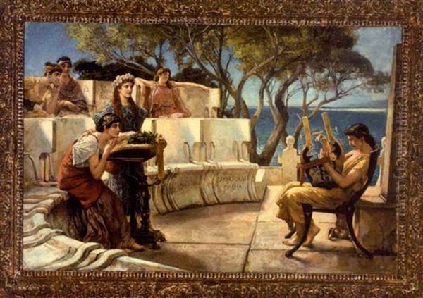 Classical Figures On A Coastal Terrace Enjoying The Music Of The Lyre Oil Painting by Sir Lawrence Alma-Tadema