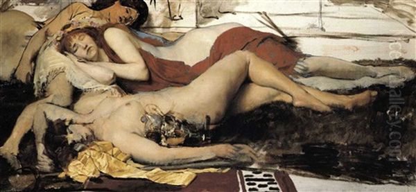 Exhausted Maenides On The Steps Of The Temple Of Amphissa Oil Painting by Sir Lawrence Alma-Tadema