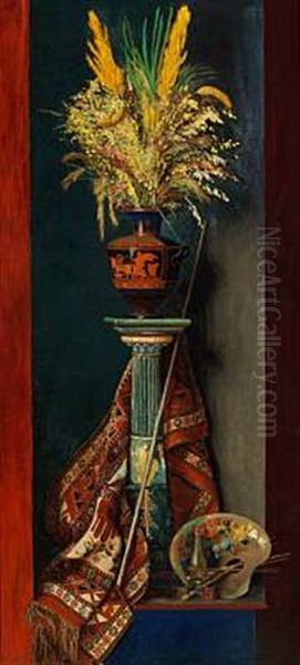 Still Life With Blades Of Grass In A Large Greek Vase On A Pillar, On The Floor The Painter's Palette Oil Painting by Edith Dorothea Almqvist