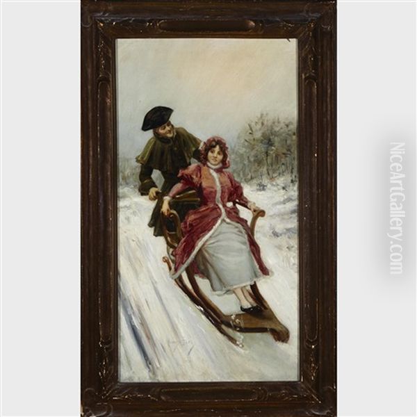 Lovers Sledding Oil Painting by Mariano Alonso Perez