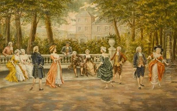 Couples On Veranda Of Chateau Oil Painting by Mariano Alonso Perez