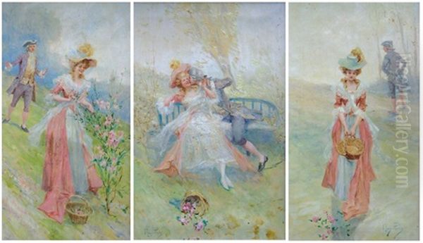 La Cueillette (+ 2 Others; Set Of 3 Works) Oil Painting by Mariano Alonso Perez