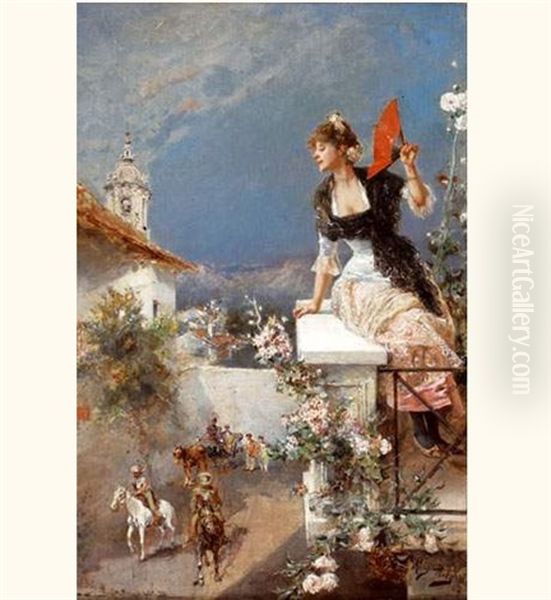 Jeune Femme Au Balcon Oil Painting by Mariano Alonso Perez