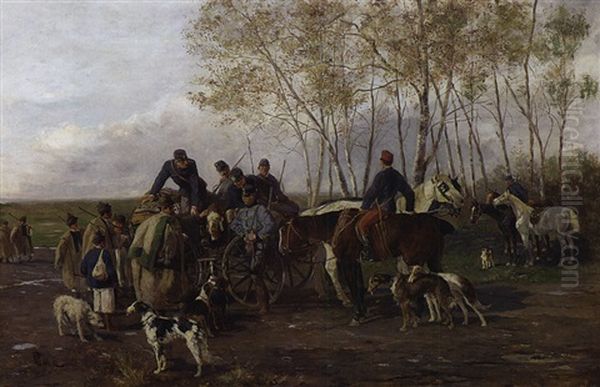 Osterreichische Soldaten Auf Einem Jagdausflug, Mit Einem Pferdewagen Und Windhunden, Im Gesprach Mit Ungarn Oil Painting by Mariano Alonso Perez