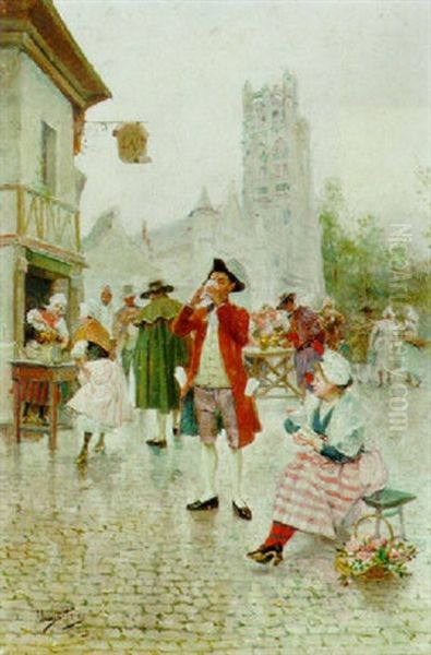 A Parisian Street Scene Oil Painting by Mariano Alonso Perez