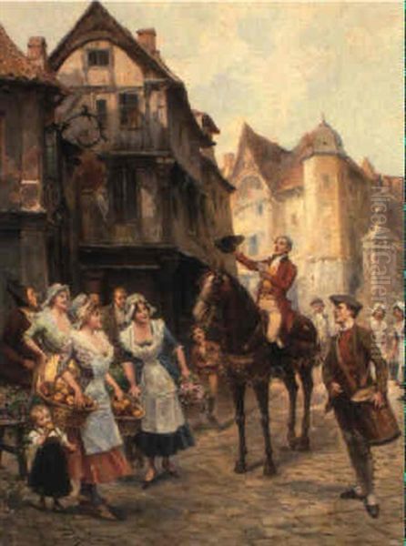 A Village Scene With A Street Crier And His Audience by Mariano Alonso Perez