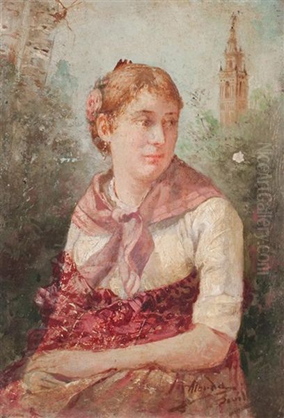 Una Joven Ante La Giralda Y Retrato Masculino (2 Works) Oil Painting by Ramon Alorda Perez