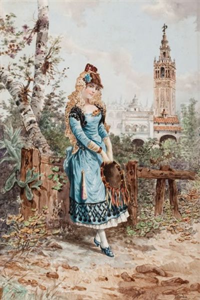 Young Spanish Woman In Cartuja Park, Seville Oil Painting by Ramon Alorda Perez