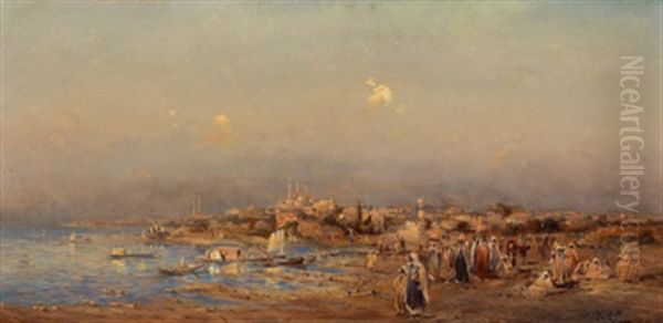 Orientalisches Kustenmotiv Mit Handlern Am Ufer Oil Painting by Robert Alott